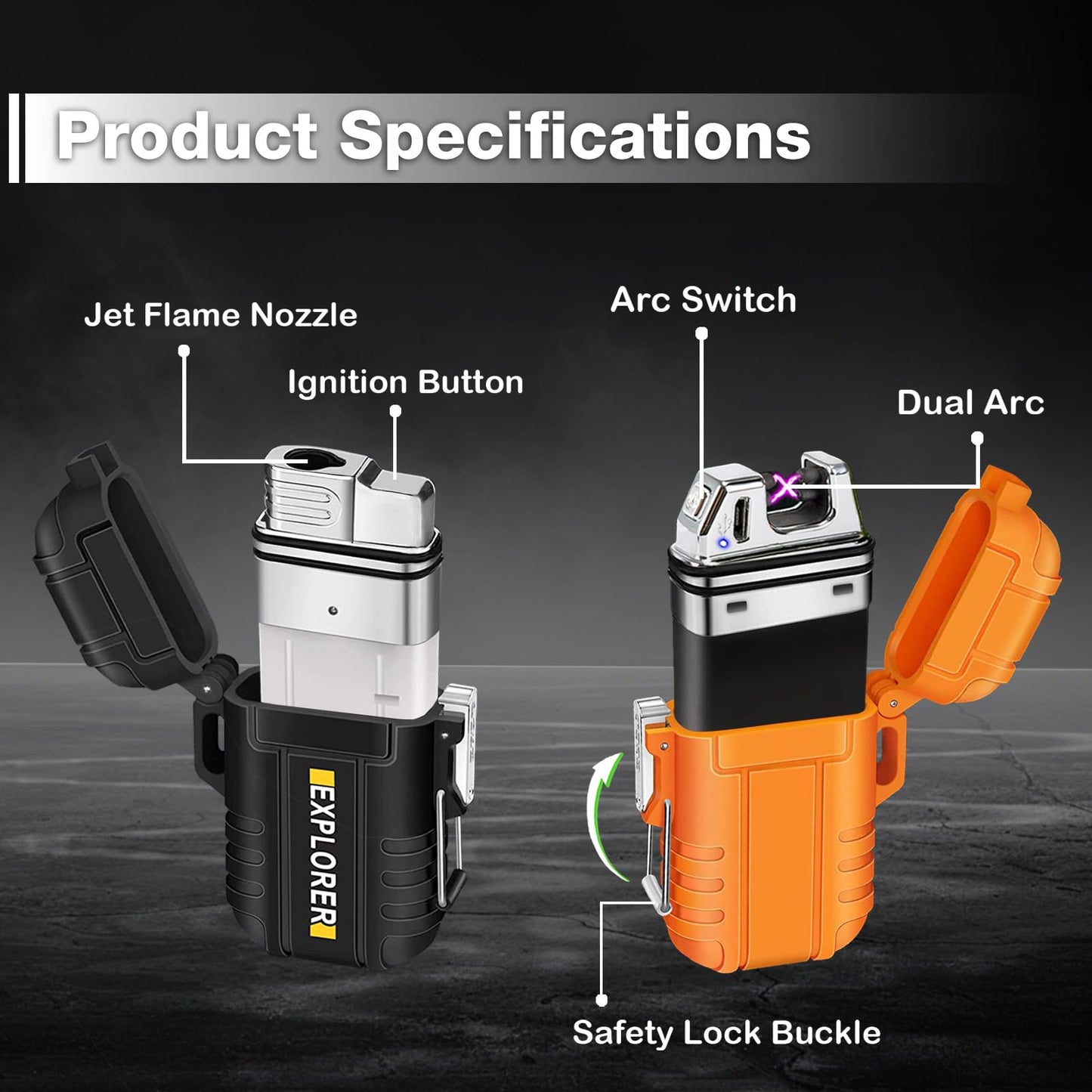 2 Pack Waterproof Lighter Outdoor Windproof Torch Lighters Dual Arc Butane Electric Lighters USB Rechargeable Lighters Flameless Plasma Lighter Camping Hiking Adventure Survival Tactical Gear