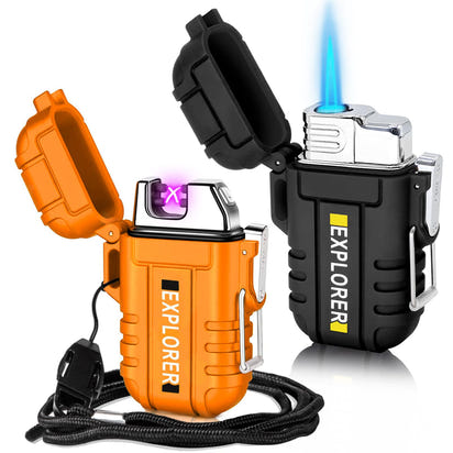 2 Pack Waterproof Lighter Outdoor Windproof Torch Lighters Dual Arc Butane Electric Lighters USB Rechargeable Lighters Flameless Plasma Lighter Camping Hiking Adventure Survival Tactical Gear