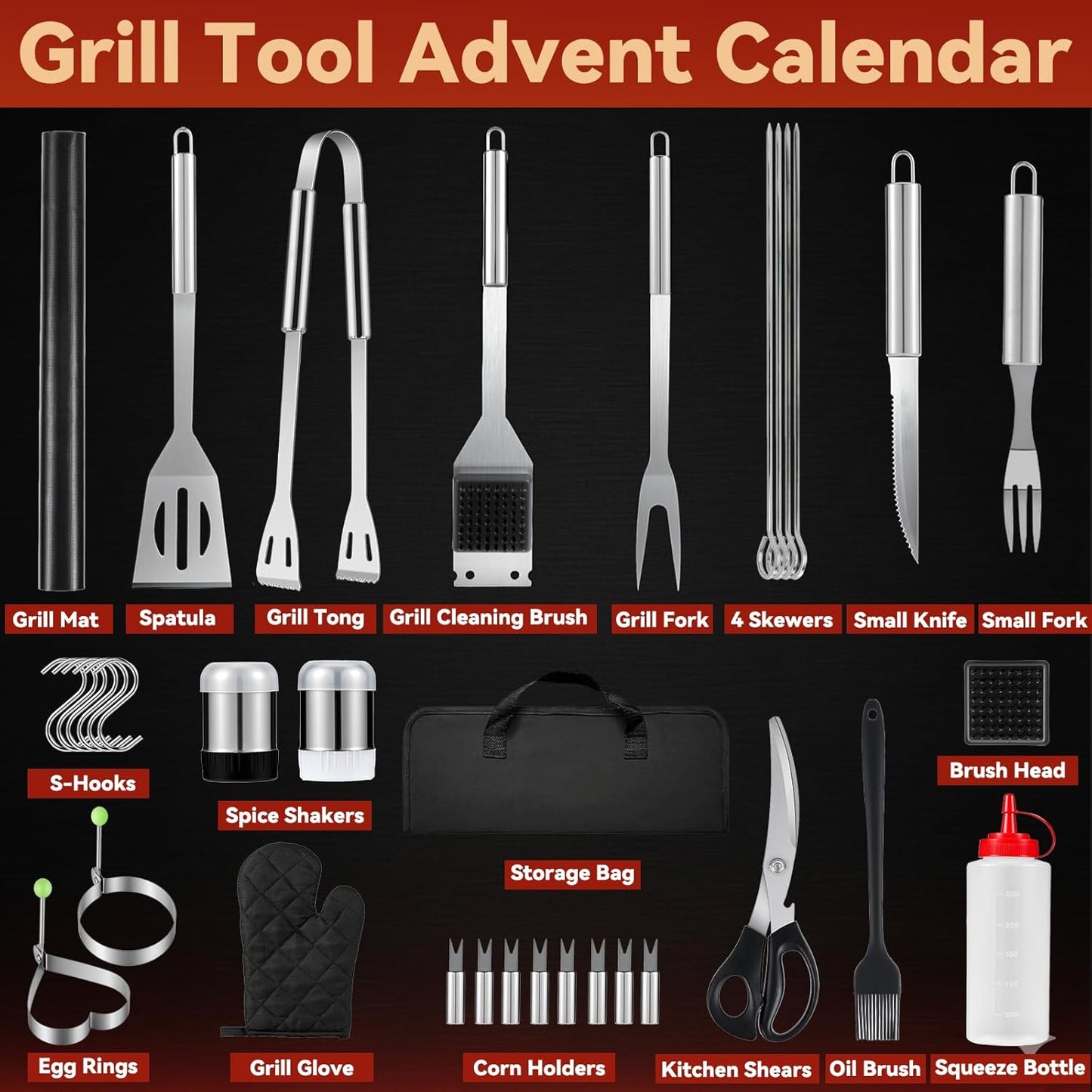 Grill Tool Advent Calendar 2025 Adults Men, 24 Day Countdown Christmas Calendar with Stainless-Steel Grilling Accessories Christmas Grilling Gifts for Dad Husband Son