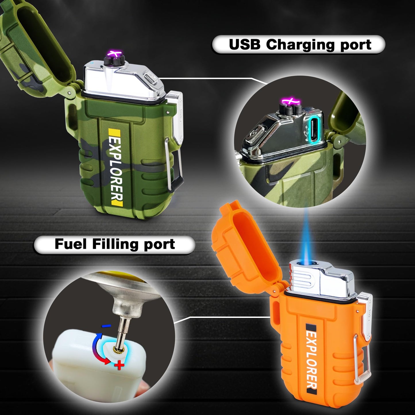 2 Pack Waterproof Lighter Outdoor Windproof Torch Lighters Dual Arc Butane Electric Lighters USB Rechargeable Lighters Flameless Plasma Lighter Camping Hiking Adventure Survival Tactical Gear