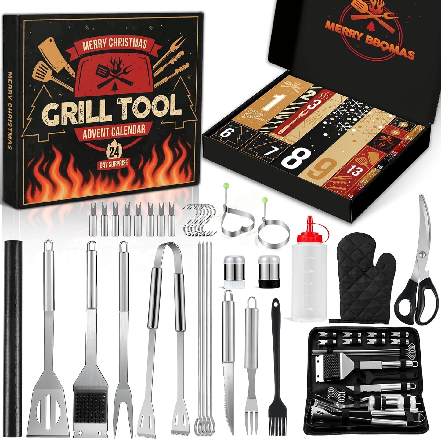 Grill Tool Advent Calendar 2025 Adults Men, 24 Day Countdown Christmas Calendar with Stainless-Steel Grilling Accessories Christmas Grilling Gifts for Dad Husband Son