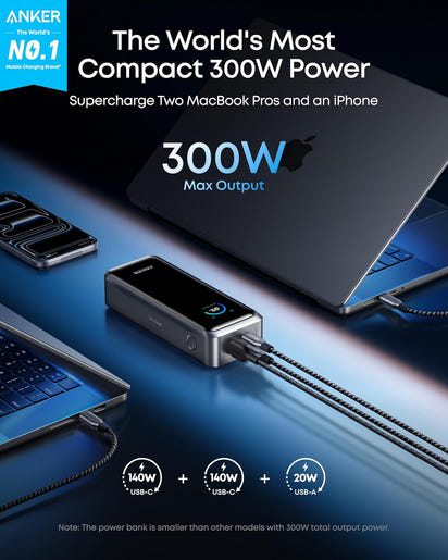 Anker Prime Power Bank, 26,250mAh 3-Port Portable Charger with 300W Max Output, Two-Way Charging, TSA-Approved, App Control, for MacBook, iPhone 17/16 Series, and More (Base Not Included)