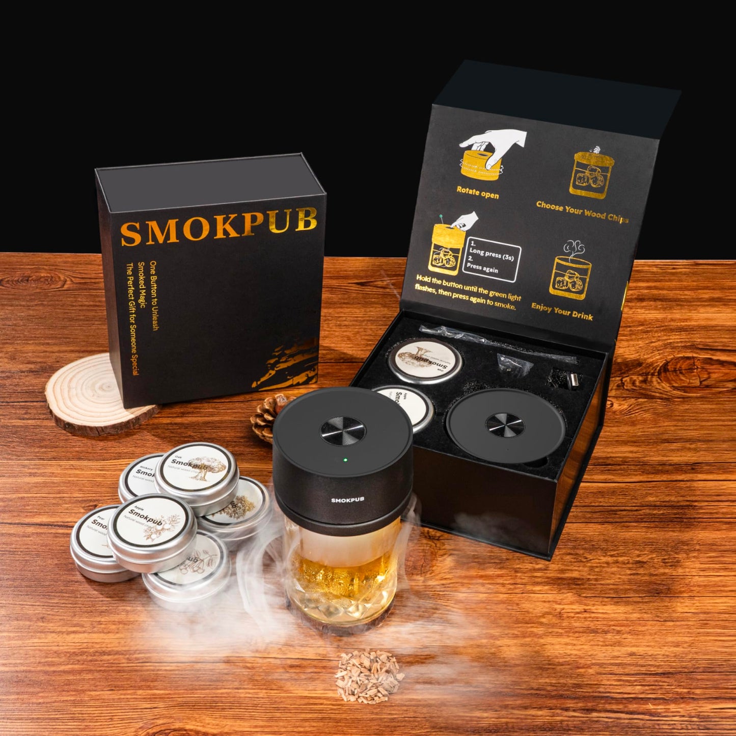 Electric Whiskey Smoker Kit Built-in Lighter, No Butane Needed, Rechargeable Cocktail Smoker Kit with 6 Wood Chips, Old Fashioned Drink Smoker Kit, Bourbon Whiskey Gifts for Men,Dad,Husband