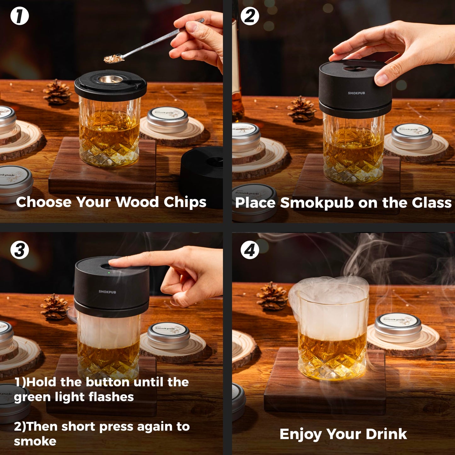 Electric Whiskey Smoker Kit Built-in Lighter, No Butane Needed, Rechargeable Cocktail Smoker Kit with 6 Wood Chips, Old Fashioned Drink Smoker Kit, Bourbon Whiskey Gifts for Men,Dad,Husband